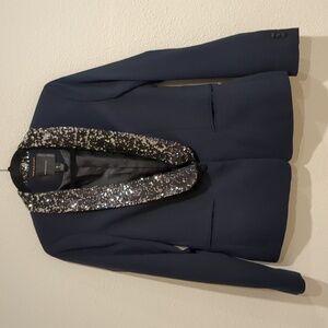 Maison Scotch Navy Blue Blazer With Silver Sequin Lapel Size 2